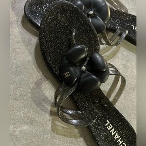 Chanel Camellia Flower CC Logo Black Leather Flip Flops Thong Sandals